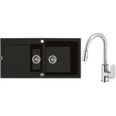 Zestaw Oltens Gravan zlewozmywak granitowy 1,5-komorowy 100x50 cm z baterią kuchenną Lista czarny mat/chrom (72300300, 35202100)