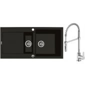 Zestaw Oltens Gravan zlewozmywak granitowy 1,5-komorowy 100x50 cm z baterią kuchenną Duf czarny mat/chrom (72300300, 35203100)