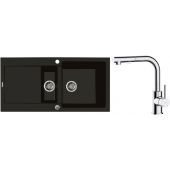 Zestaw Oltens Gravan zlewozmywak granitowy 1,5-komorowy 100x50 cm z baterią kuchenną Myvat czarny mat/chrom (72300300, 35205100)