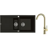 Zestaw Oltens Gravan zlewozmywak granitowy 1,5-komorowy 100x50 cm z baterią kuchenną Skafta czarny mat/złoty połysk (72300300, 35206800)