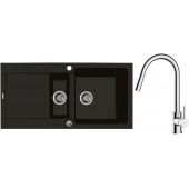 Zestaw Oltens Gravan zlewozmywak granitowy 1,5-komorowy 100x50 cm z baterią kuchenną Litla czarny mat/chrom (72300300, 35204100)