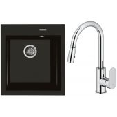 Zestaw Oltens Gravan zlewozmywak granitowy 1-komorowy 47x51,5 cm z baterią kuchenną Lista czarny mat/chrom (72001300, 35202100)