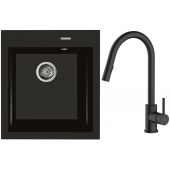 Zestaw Oltens Gravan zlewozmywak granitowy 1-komorowy 47x51,5 cm z baterią kuchenną Litla czarny mat (72001300, 35204300)