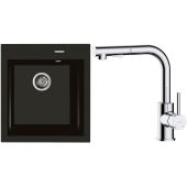 Zestaw Oltens Gravan zlewozmywak granitowy 1-komorowy 47x51,5 cm z baterią kuchenną Myvat czarny mat/chrom (72001300, 35205100)