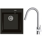 Zestaw Oltens Gravan zlewozmywak granitowy 1-komorowy 47x51,5 cm z baterią kuchenną Litla czarny mat/chrom (72001300, 35204100)