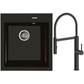 Zestaw Oltens Gravan zlewozmywak granitowy 1-komorowy 47x51,5 cm z baterią kuchenną Borga czarny mat (72001300, 35207300)