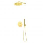 Zestaw Oltens Katla bateria podtynkowa termostatyczna z deszczownicą 30 cm Vindel i kompletem prysznicowym Ume złoty połysk 36608800