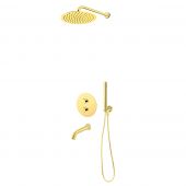 Zestaw Oltens Katla bateria podtynkowa termostatyczna z wylewką wannową Molle z deszczownicą 30 cm Vindel i kompletem prysznicowym Ume złoty połysk 36611800