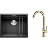 Zestaw Blanco Etagon 500-U zlewozmywak granitowy 53x46 cm z baterią kuchenną Oltens Skafta czarny mat/złoty połysk (35206800, 525887)