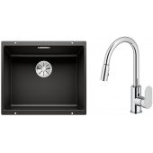 Zestaw Blanco Subline 500-U zlewozmywak granitowy 50x40 cm z baterią kuchenną Oltens Lista czarny mat/chrom (35202100, 525995)