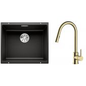 Zestaw Blanco Subline 500-U zlewozmywak granitowy 50x40 cm z baterią kuchenną Oltens Litla czarny mat/złoty połysk (35204800, 525995)