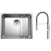 Zestaw Blanco Etagon 500-U zlewozmywak stalowy 54x44 cm z baterią kuchenną Oltens Borga stojąca z wyciąganą wylewką chrom/czarny (521841, 35207100)