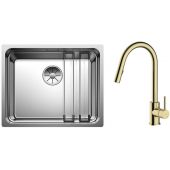 Zestaw Blanco Etagon 500-U zlewozmywak stalowy 54x44 cm z baterią kuchenną Oltens Litla stojąca z wyciąganą wylewką złoty połysk (521841, 35204800)