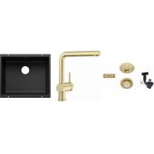 Zestaw Blanco Subline 500-U zlewozmywak granitowy czarny z baterią kuchenną Linus i armaturą odpływowo-przelewową złoty (527794, 526683, 207423)