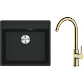 Zestaw Franke Maris MRG 610-52 zlewozmywak 51x56 cm z baterią kuchenną Oltens Skafta czarny mat/złoty połysk (1140661761, 35206800)