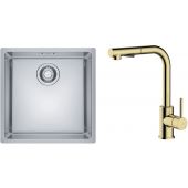 Zestaw Franke Maris MRX 110-40 zlewozmywak 40x40 cm z baterią kuchenną Oltens Myvat stal szczotkowana/złoty połysk (1220543995, 35205800)