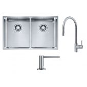 Zestaw Franke Box BXX 220/120 34-34 zlewozmywak stalowy 74x45 cm stal szczotkowana z baterią kuchenną Eos Neo i dozownikiem do płynów 350 ml (1270370188, 1150590045, 1120717084)