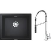 Zestaw Grohe K700U zlewozmywak granitowy 53,3x45,7 cm z baterią kuchenną Oltens Duf czarny granit/chrom (31654AP0, 35203100)