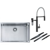 Franke Box BXX 210/110-68 zlewozmywak 72,5x45 cm stalowy z baterią kuchenną Vital Semi-Pro czarny mat/stal i zestawem noży kuchennych (1270453658, 1200621313, 1120545792)