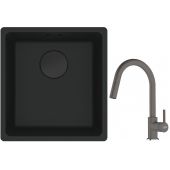 Franke Maris MRG 110-37 zlewozmywak 40x37 cm Fragranit + czarny mat z baterią kuchenną Lina kamienny szary (1250697760, 1150626057)