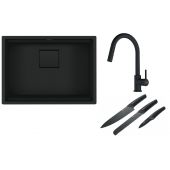 Franke Kanon KNG 110-52 zlewozmywak 56x46 cm Fragranite czarny mat z baterią kuchenną Lina Pull-Out czarny mat i zestawem noży kuchennych (1250721150, 1150626053, 1120545792)