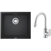 Zestaw Grohe K700 zlewozmywak granitowy 45,7x40,6 cm z baterią kuchenną Oltens Lista czarny granit/chrom (35202100, 31653AP0)