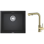 Zestaw Grohe K700 zlewozmywak granitowy 45,7x40,6 cm z baterią kuchenną Oltens Myvat czarny granit/złoty połysk (35205800, 31653AP0)