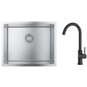 Zestaw Grohe K700 zlewozmywak 55x45 cm z baterią kuchenną Oltens Skafta stal szlachetna/czarny mat (35206300, 31726SD0)