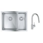 Zestaw Grohe K700 zlewozmywak stalowy 59,5x45 cm satyna z baterią kuchenną Eurosmart Cosmopolitan chrom (31577SD1, 31481001)