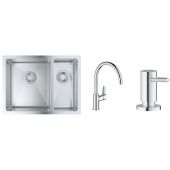 Zestaw Grohe K700 zlewozmywak stalowy 59,5x45 cm satyna z baterią kuchenną Start Edge chrom i dozownikiem płynów Cosmopolitan 500 ml (31577SD1, 30529001, 40535000)