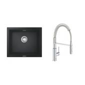 Zestaw Grohe K700 zlewozmywak granitowy 53,3x45,7 cm czarny z baterią kuchenną Get chrom (31654AP0, 30361000)