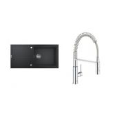Zestaw Grohe K400 zlewozmywak granitowy 100x50 cm czarny i bateria kuchenna Get chrom (31641AP0, 30361000)