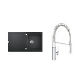 Zestaw Grohe K400 zlewozmywak granitowy 86x50 cm czarny i bateria kuchenna Get chrom (31640AP0, 30361000)