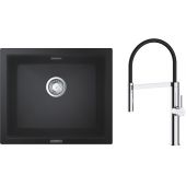 Zestaw Grohe K700U zlewozmywak granitowy 53,3x45,7 cm z baterią kuchenną Oltens Borga czarny granit/czarny/chrom (31654AP0, 35207100)