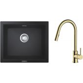 Zestaw Grohe K700U zlewozmywak granitowy 53,3x45,7 cm z baterią kuchenną Oltens Litla czarny granit/złoty połysk (31654AP0, 35204800)