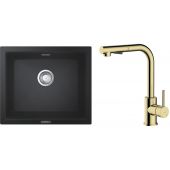 Zestaw Grohe K700U zlewozmywak granitowy 53,3x45,7 cm z baterią kuchenną Oltens Myvat czarny granit/złoty połysk (31654AP0, 35205800)