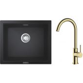 Zestaw Grohe K700U zlewozmywak granitowy 53,3x45,7 cm z baterią kuchenną Oltens Skafta czarny granit/złoty połysk (31654AP0, 35206800)