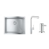 Zestaw Grohe K700U zlewozmywak 50x40 cm z baterią Grohe Essence i dozownikiem Grohe Cosmopolitan stal szlachetna/chrom (31574SD1, 30270000, 40535000)