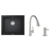 Zestaw Grohe K700U zlewozmywak granitowy 53,3x45,7 cm z baterią Grohe Zedra i dozownikiem Grohe Cosmopolitan czarny/stal nierdzewna (31654AP0, 32294DC2, 40535DC0)