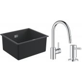 Zestaw Grohe K700 zlewozmywak granitowy 45,7x40,6 cm z baterią kuchenną Eurosmart Cosmopolitan i dozownikiem (1653AP0, 31481001, 40535000)