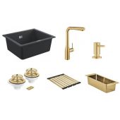 Zestaw Grohe K700 zlewozmywak granitowy czarny z baterią kuchenną Essence, dozownikiem mydła, zestawem odpływowym, ociekaczem i wkładką ociekową Brushed Cool Sunrise (31654AP0, 30270GN0, 40535GN0, 40997GN0, 40856GN0, 40852GN0)