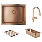 Zestaw Grohe K700U zlewozmywak stalowy Brushed Warm Sunset z baterią kuchenną Minta, ociekaczem i wkładką ociekową (31574DL1, 32321DL2, 40856DL0, 40852DL0)