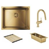 Zestaw Grohe K700 zlewozmywak stalowy Brushed Cool Sunrise z baterią kuchenną Minta, ociekaczem i wkładką ociekową (31574GN1, 32321GN2, 40856GN0, 40852GN0)