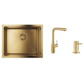 Zestaw Grohe K700 zlewozmywak stalowy Brushed Cool Sunrise z baterią kuchenną Essence i dozownikiem płynów Cosmopolitan (31574GN1, 30270GN0, 40535GN0)