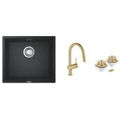 Zestaw Grohe K700 zlewozmywak granitowy czarny z baterią kuchenną Minta Brushed Cool Sunrise i zestawem odpływowym (40997GN0, 31653AP0, 32321GN2)