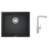 Zestaw Grohe K700 zlewozmywak granitowy czarny z baterią kuchenną Essence stal (31653AP0, 30270DC0)