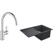 Zestaw Grohe K400 zlewozmywak 78x50 cm czarny granit z baterią kuchenną BauLoop chrom (31639AP0, 31368001)