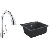 Zestaw Grohe K700 zlewozmywak 56x51 cm czarny granit z baterią kuchenną Zedra chrom (31651AP0, 32294002)