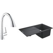 Zestaw Grohe K400 zlewozmywak 86x50 cm czarny granit z baterią kuchenną Zedra chrom (31640AP0, 32294002)