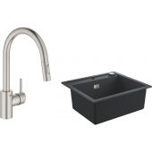 Zestaw Grohe K700 zlewozmywak 56x51 cm czarny granit z baterią kuchenną Concetto stal (31651AP0, 31483DC2)